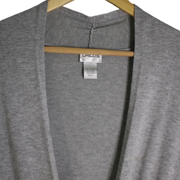 Chico’s size 3 Long Cardigan with Tie Waist and Pockets in Light Grey Sweater - Picture 3 of 5